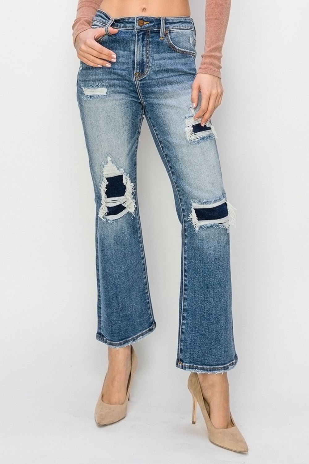 RISENDark Wash High Rise Distressed Ankle Flare Jeans