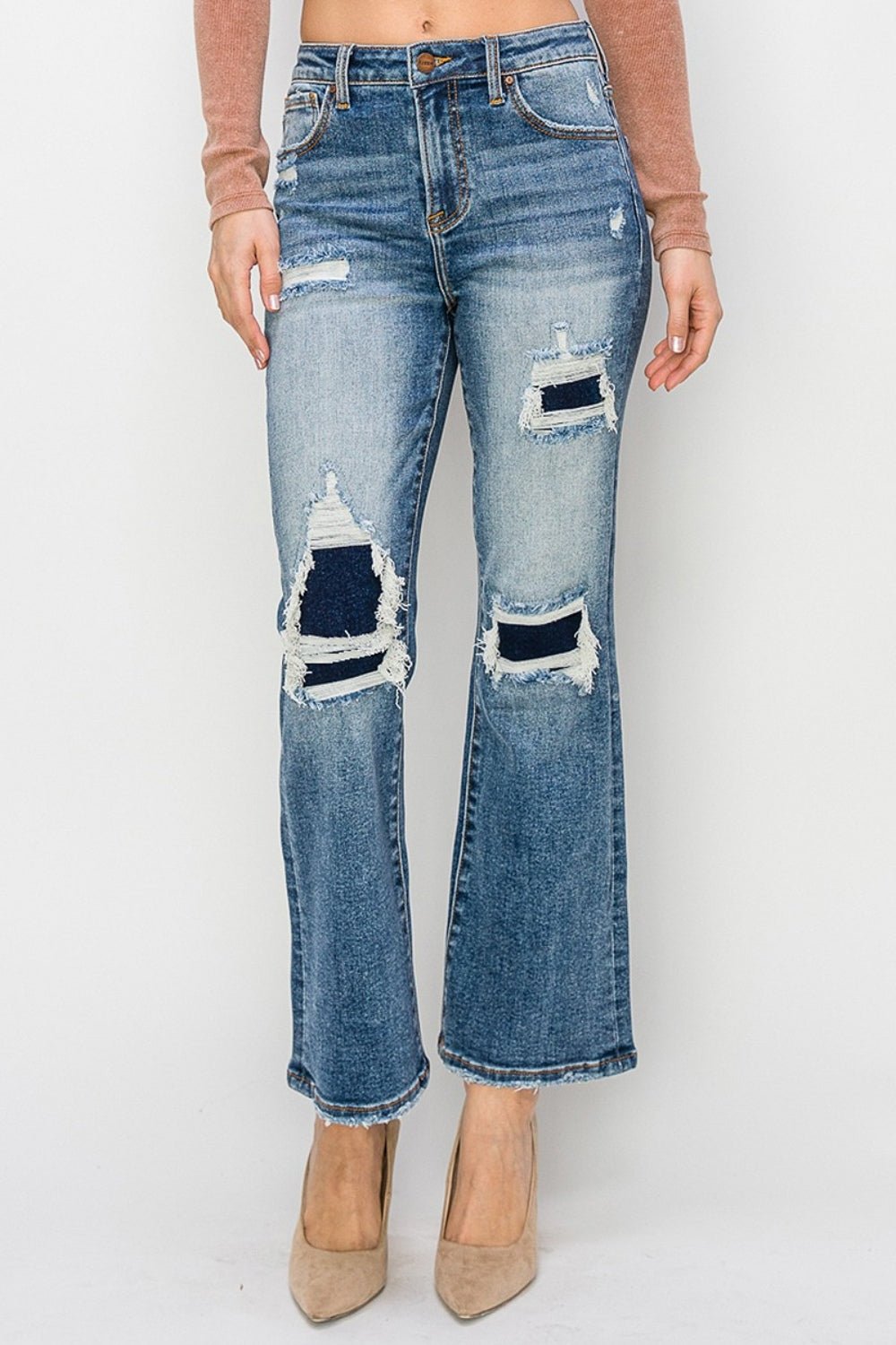 RISENDark Wash High Rise Distressed Ankle Flare Jeans