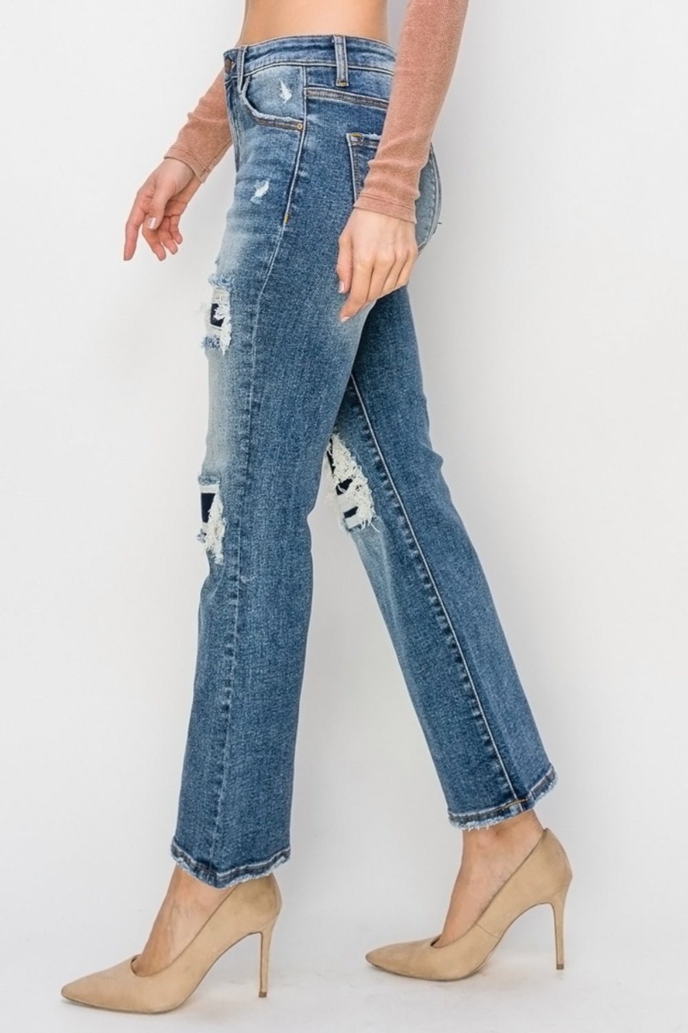 RISENDark Wash High Rise Distressed Ankle Flare Jeans