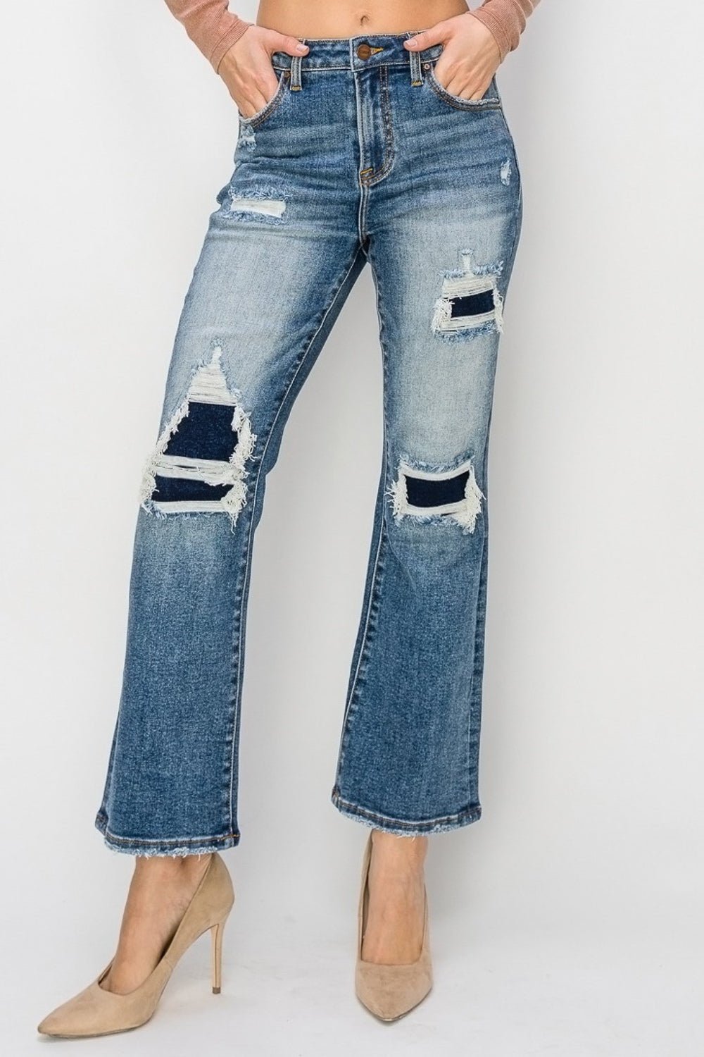 RISENDark Wash High Rise Distressed Ankle Flare Jeans