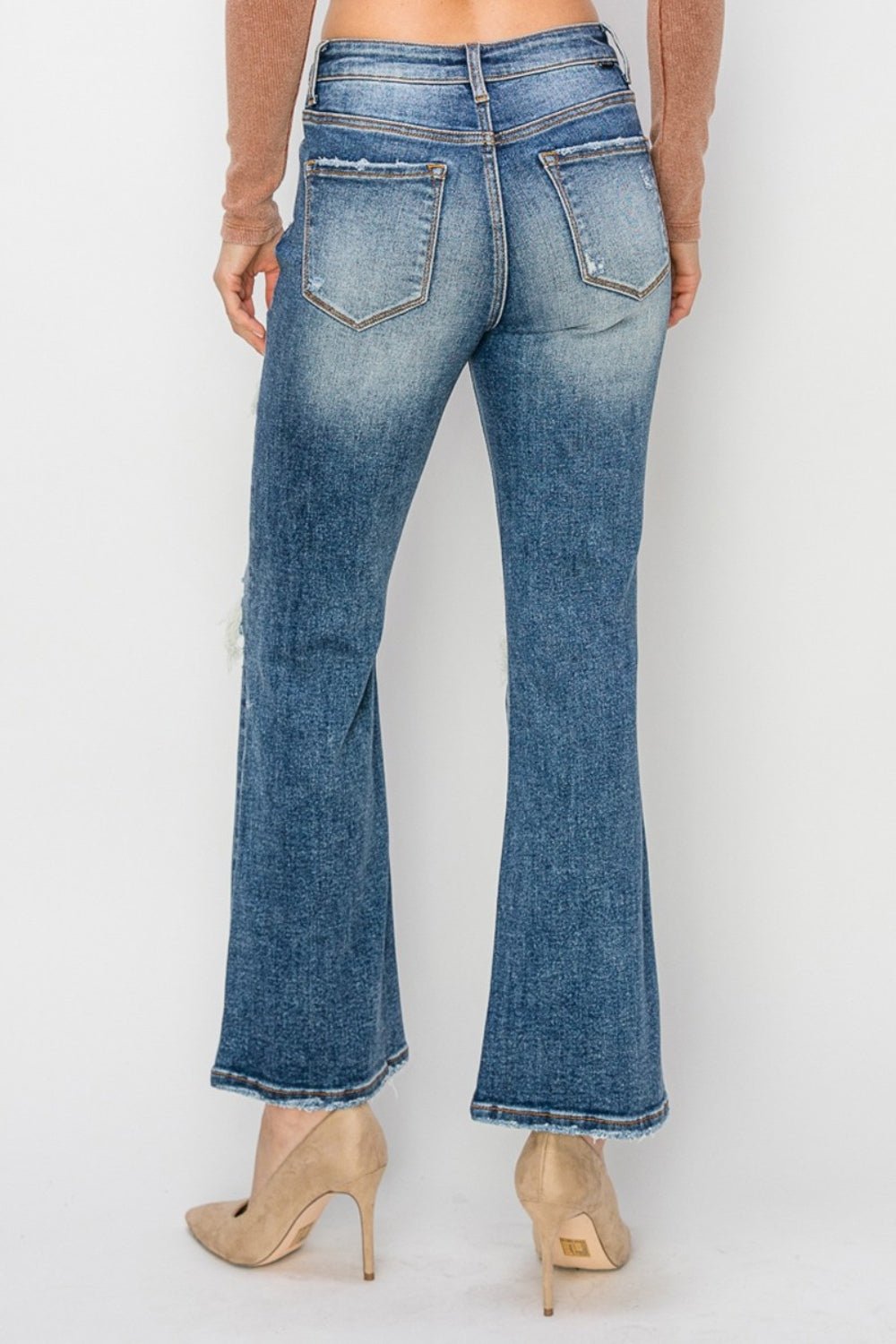 RISENDark Wash High Rise Distressed Ankle Flare Jeans