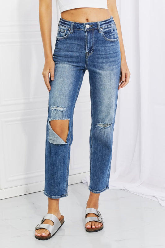 RISENDark Wash High Rise Distressed Cropped Relaxed Jeans