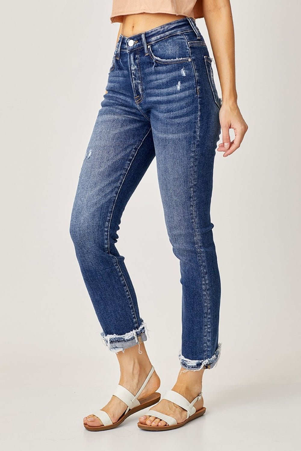 RISENDark Wash High - Rise Frayed Cuffed Straight Leg Jeans