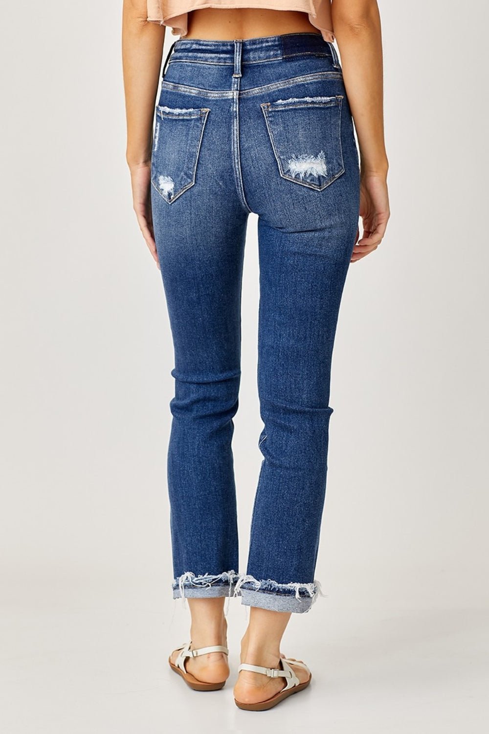 RISENDark Wash High - Rise Frayed Cuffed Straight Leg Jeans