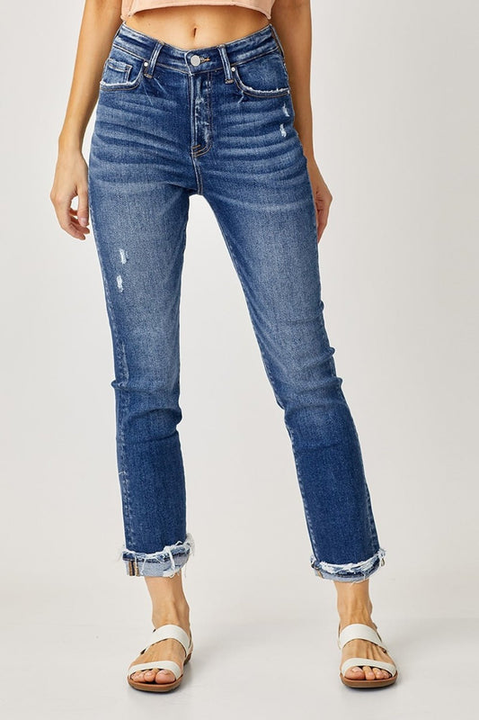 RISENDark Wash High - Rise Frayed Cuffed Straight Leg Jeans