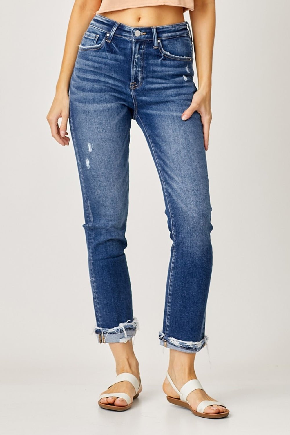 RISENDark Wash High - Rise Frayed Cuffed Straight Leg Jeans