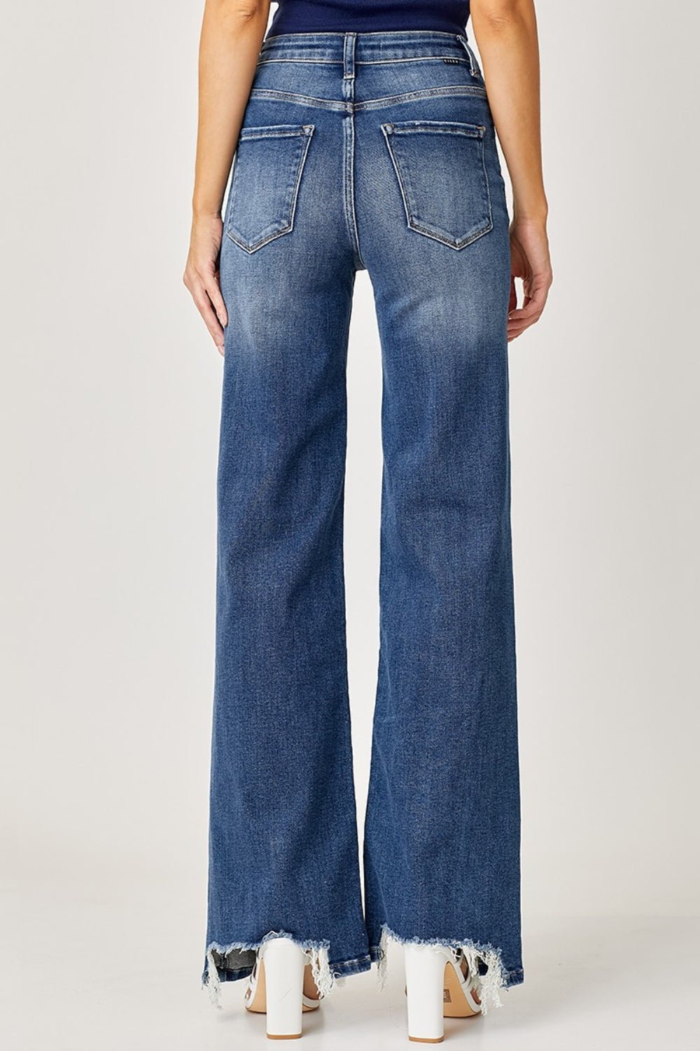 RISENDark Wash High Rise Frayed Hem Wide Leg Jeans