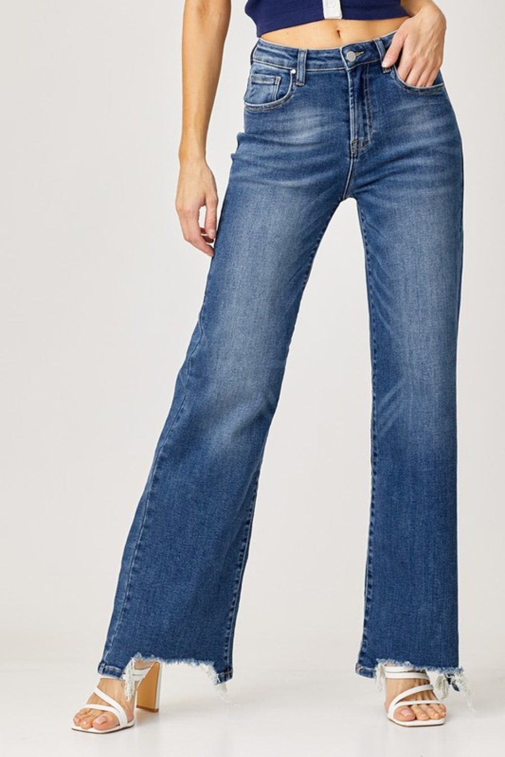 RISENDark Wash High Rise Frayed Hem Wide Leg Jeans