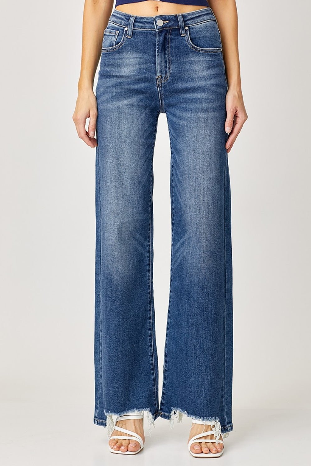 RISENDark Wash High Rise Frayed Hem Wide Leg Jeans