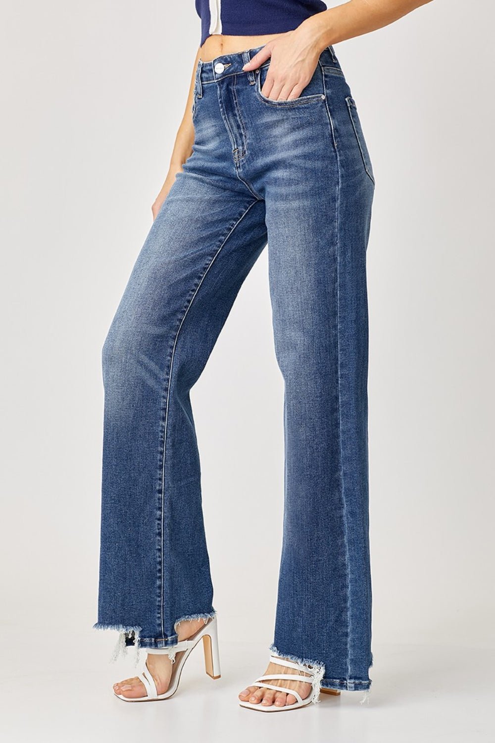 RISENDark Wash High Rise Frayed Hem Wide Leg Jeans