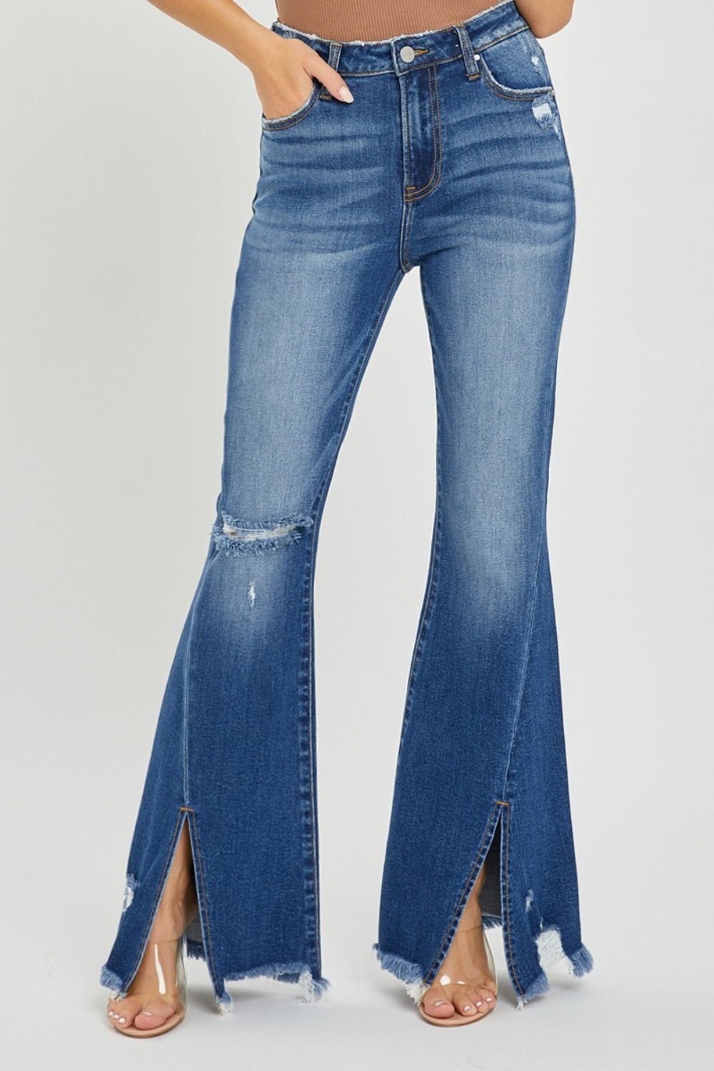 RISENDark Wash High Rise Front Slit Frayed Hem Flare Jeans