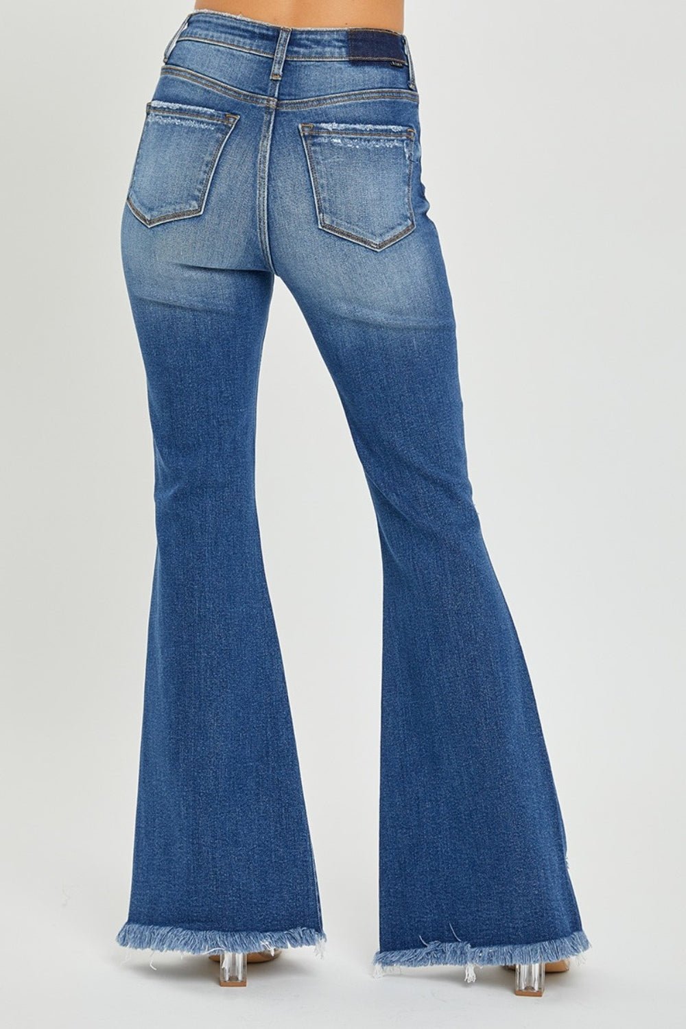 RISENDark Wash High Rise Front Slit Frayed Hem Flare Jeans