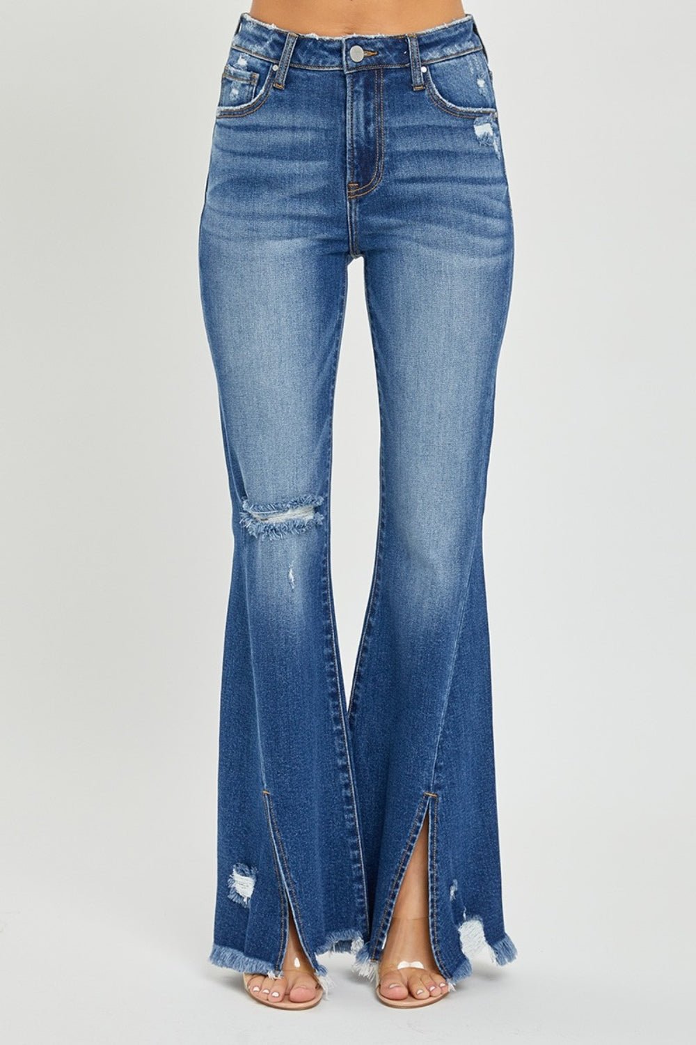 RISENDark Wash High Rise Front Slit Frayed Hem Flare Jeans