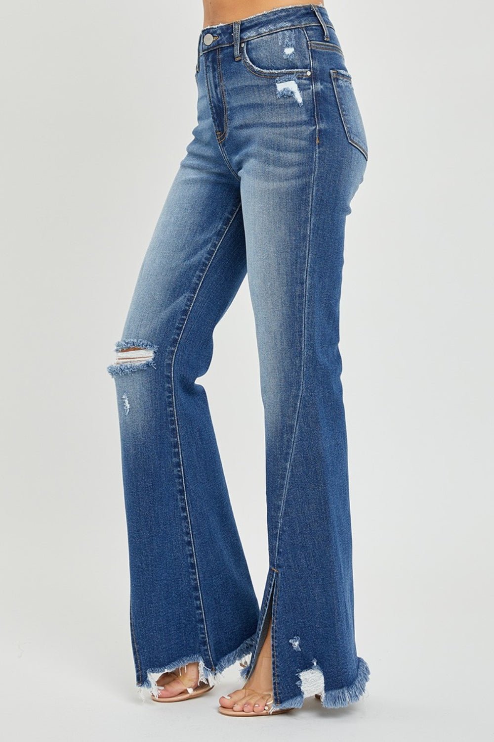 RISENDark Wash High Rise Front Slit Frayed Hem Flare Jeans