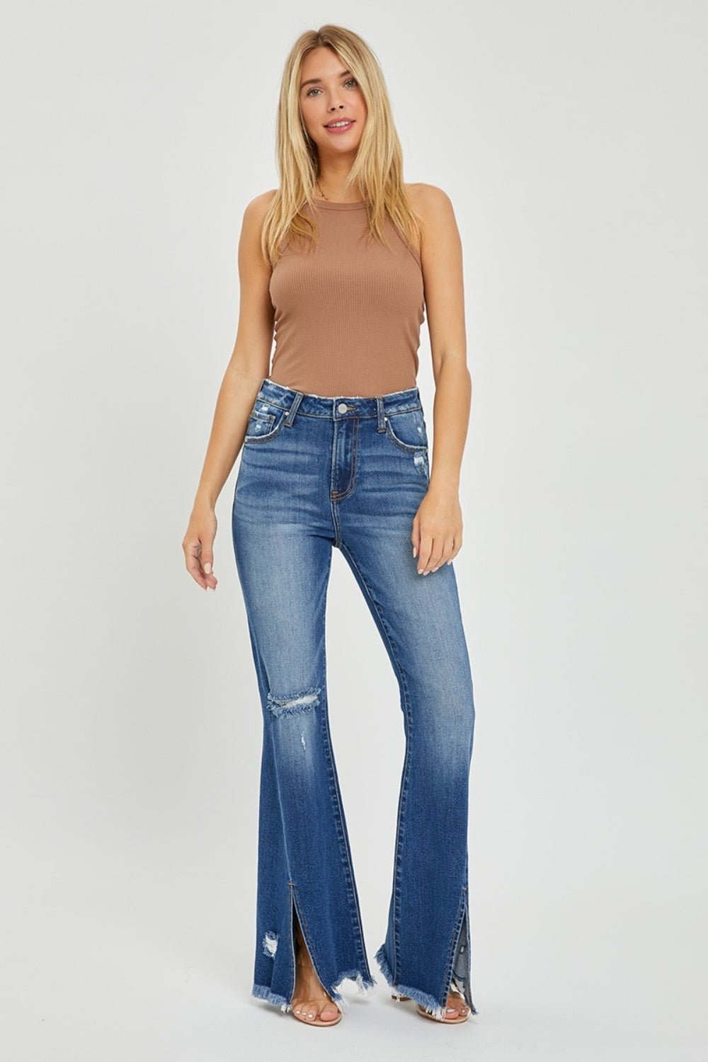 RISENDark Wash High Rise Front Slit Frayed Hem Flare Jeans