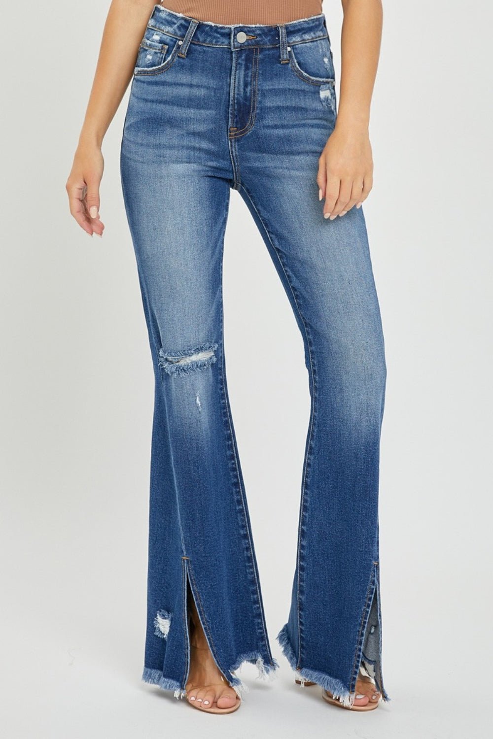 RISENDark Wash High Rise Front Slit Frayed Hem Flare Jeans