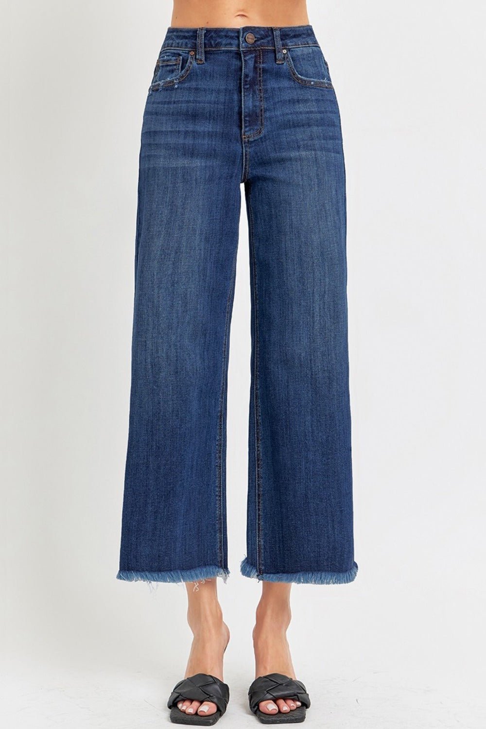 RISENDark Wash Raw Hem Cropped Wide Leg Jeans