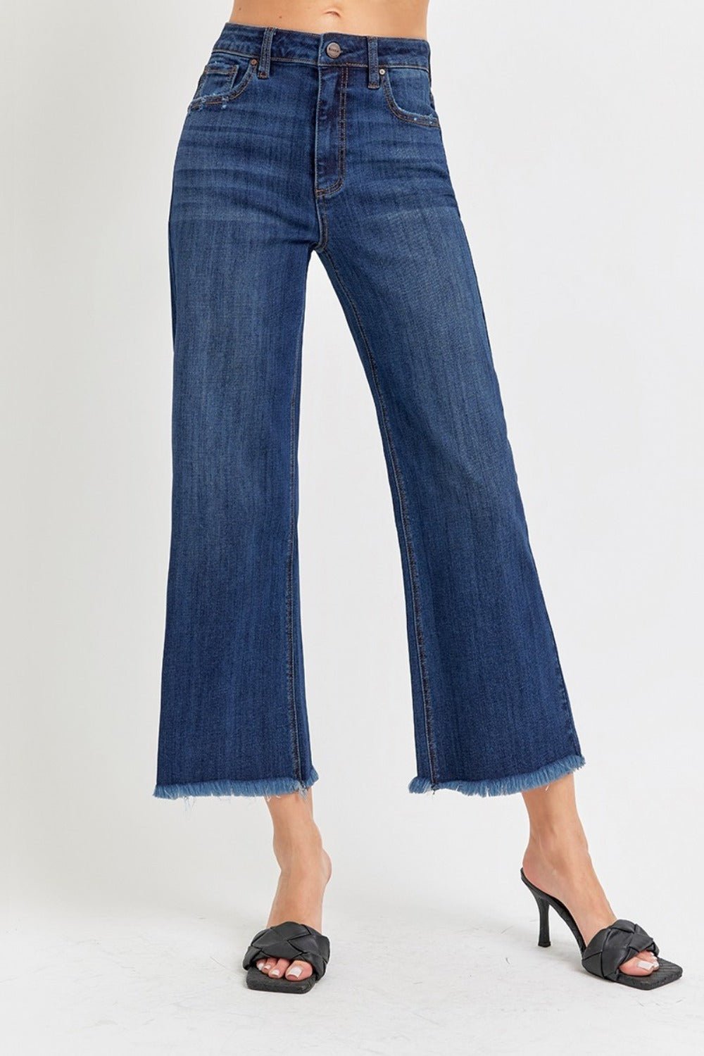 RISENDark Wash Raw Hem Cropped Wide Leg Jeans