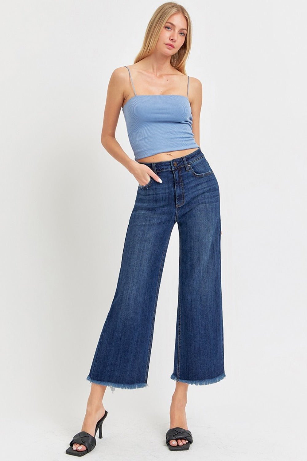 RISENDark Wash Raw Hem Cropped Wide Leg Jeans