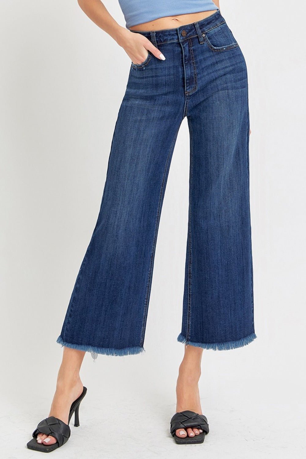 RISENDark Wash Raw Hem Cropped Wide Leg Jeans