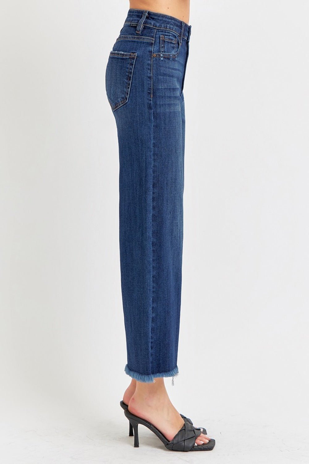 RISENDark Wash Raw Hem Cropped Wide Leg Jeans