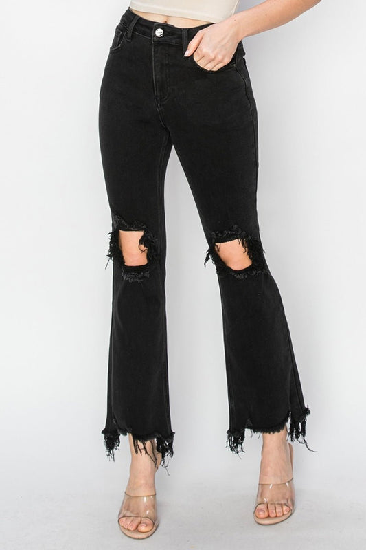 RISENDistressed Raw Hem Jeans with Pockets in Black