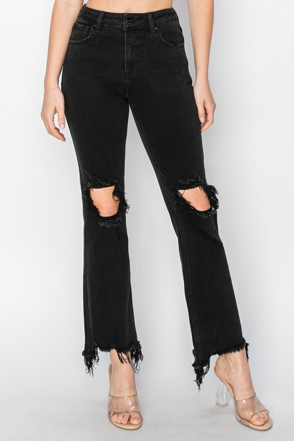 RISENDistressed Raw Hem Jeans with Pockets in Black