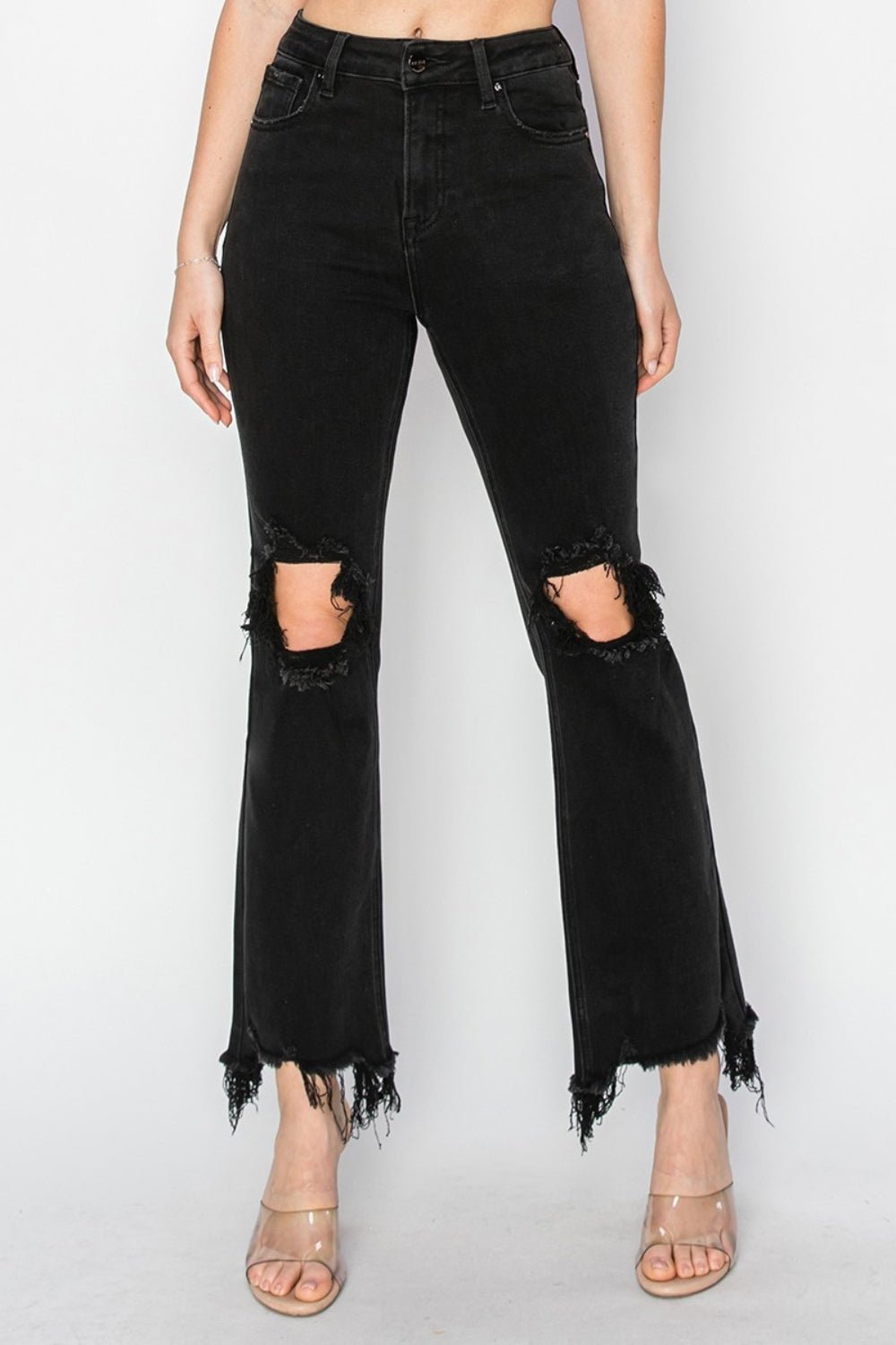 RISENDistressed Raw Hem Jeans with Pockets in Black