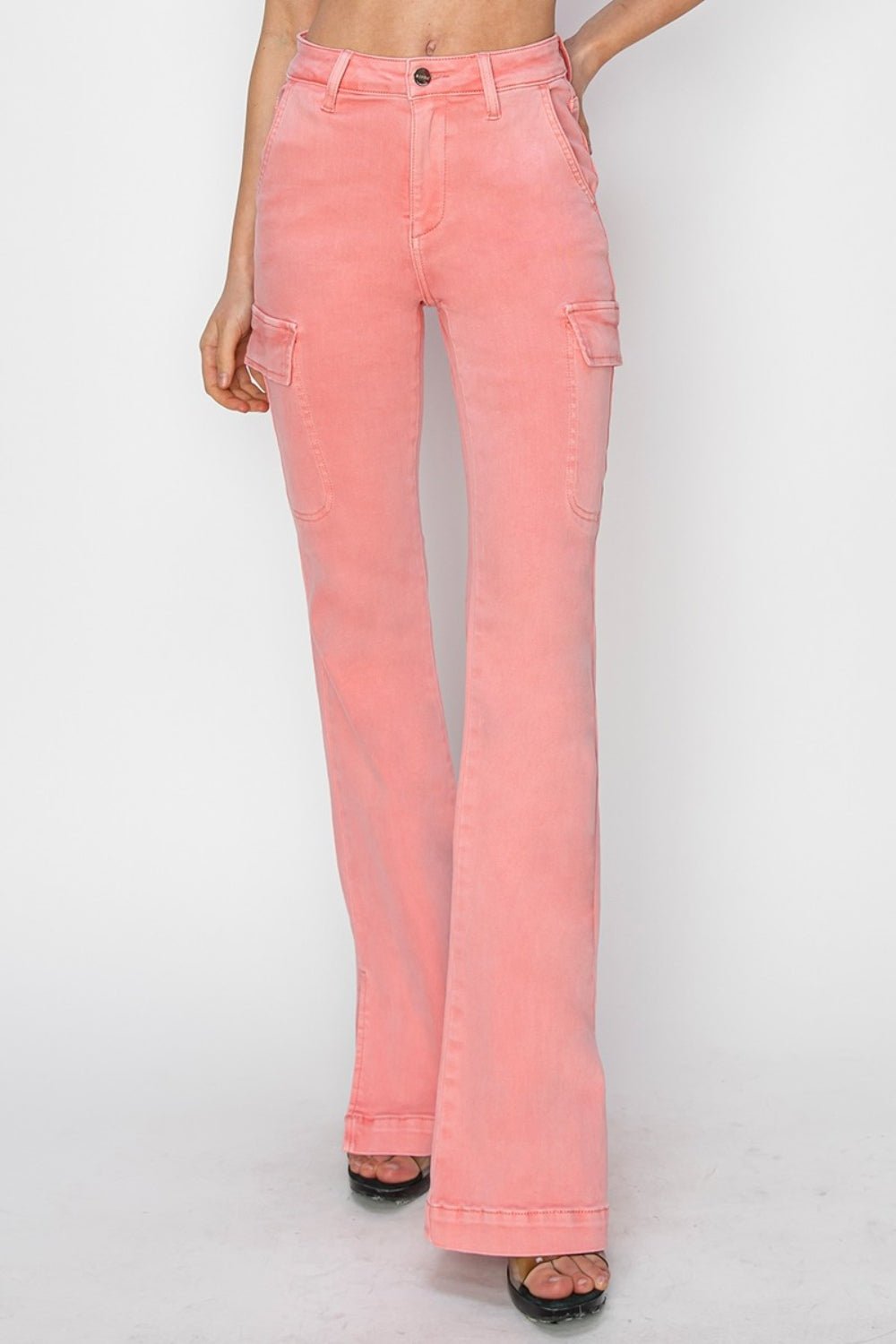 RISENHigh Rise Side Slit Cargo Bootcut Jeans in Flamingo