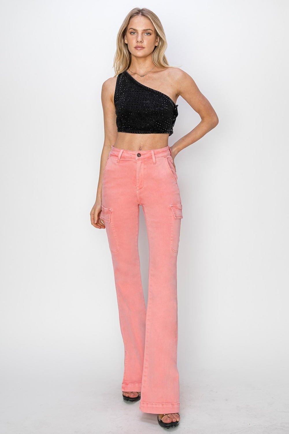 RISENHigh Rise Side Slit Cargo Bootcut Jeans in Flamingo