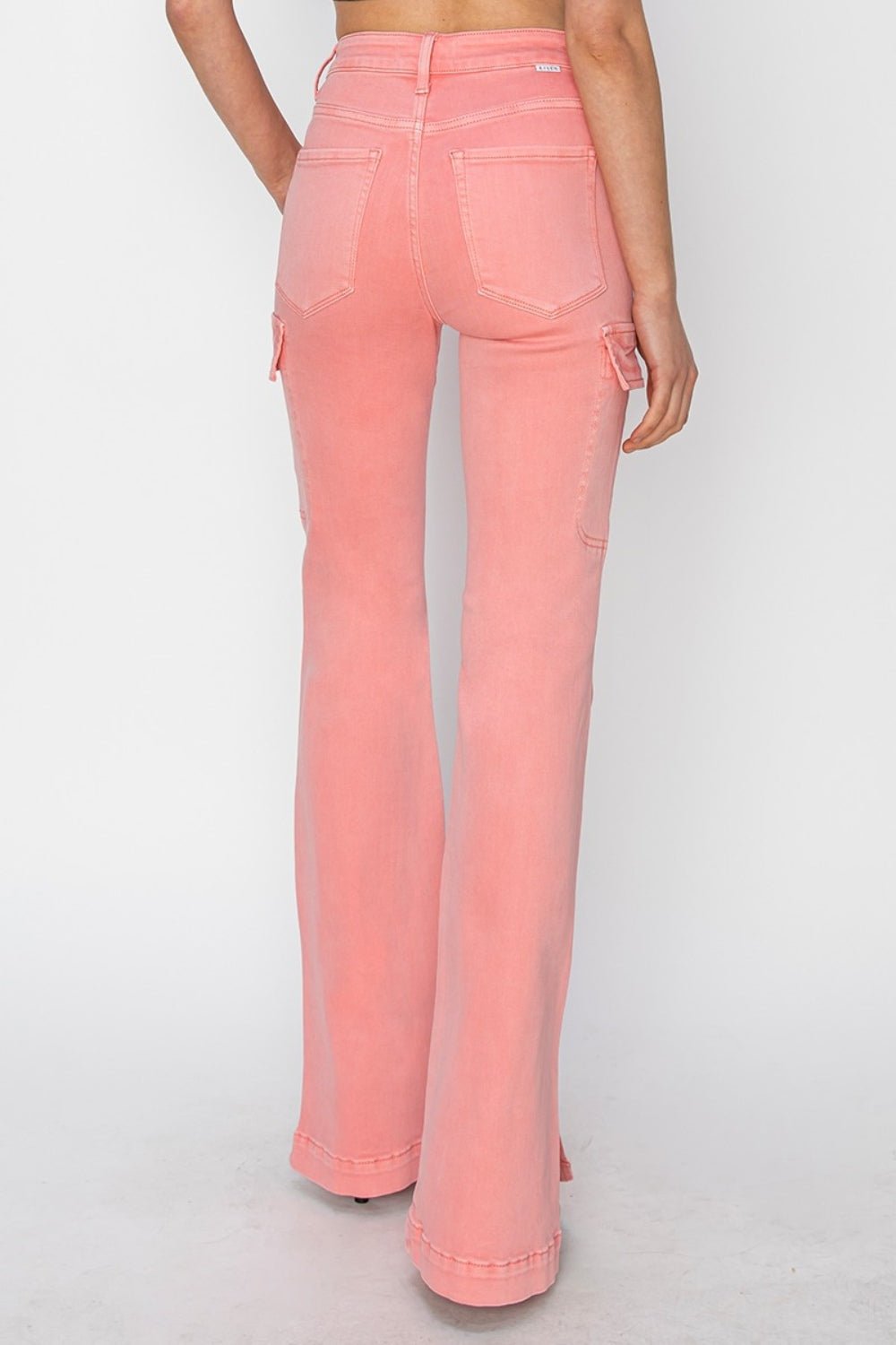 RISENHigh Rise Side Slit Cargo Bootcut Jeans in Flamingo