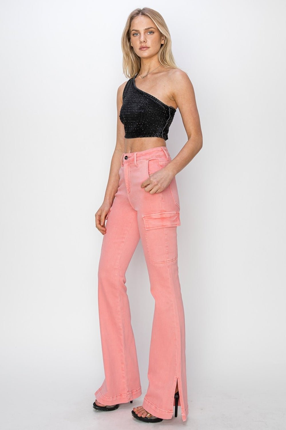 RISENHigh Rise Side Slit Cargo Bootcut Jeans in Flamingo