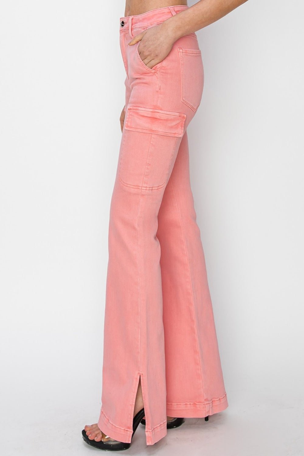 RISENHigh Rise Side Slit Cargo Bootcut Jeans in Flamingo