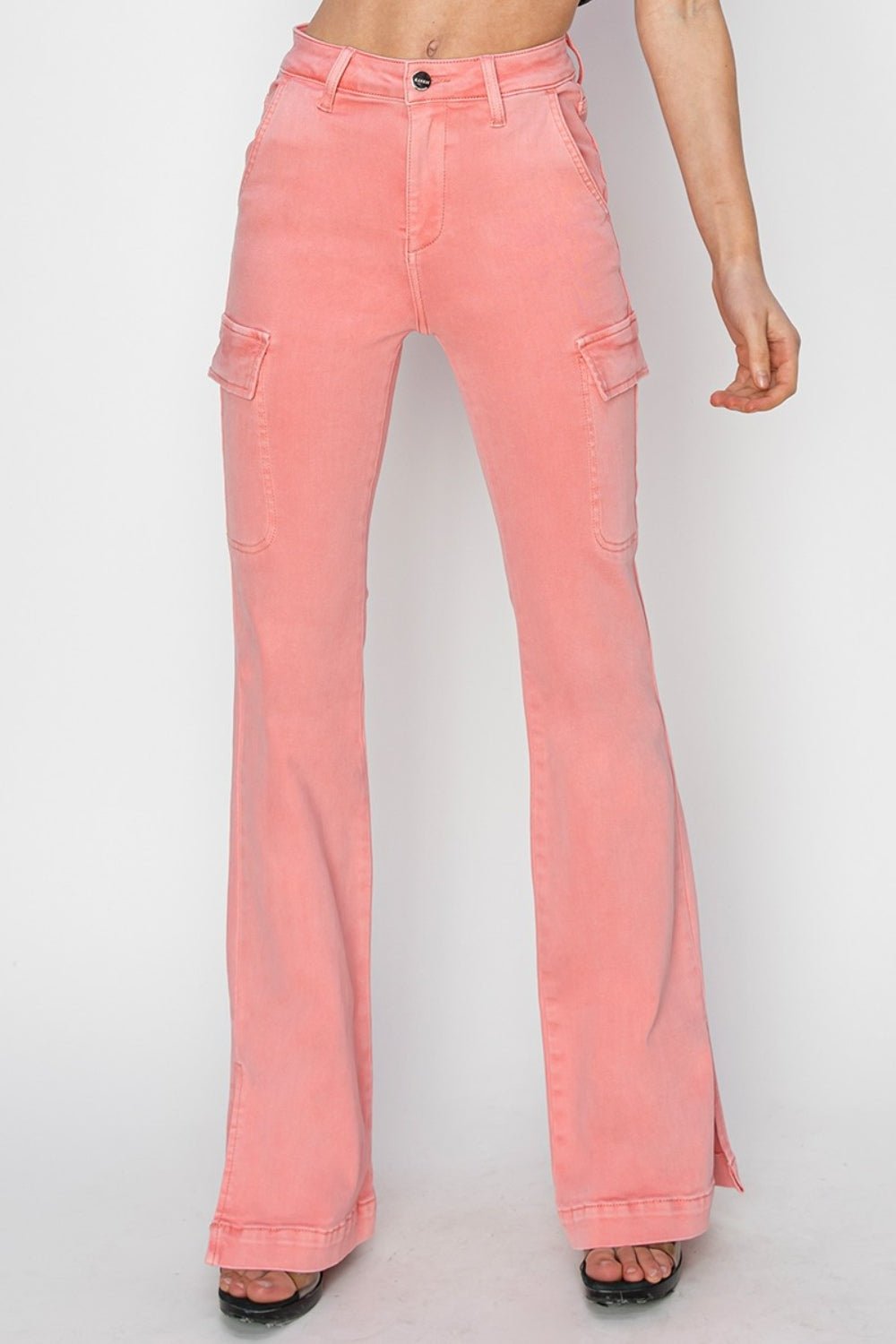 RISENHigh Rise Side Slit Cargo Bootcut Jeans in Flamingo