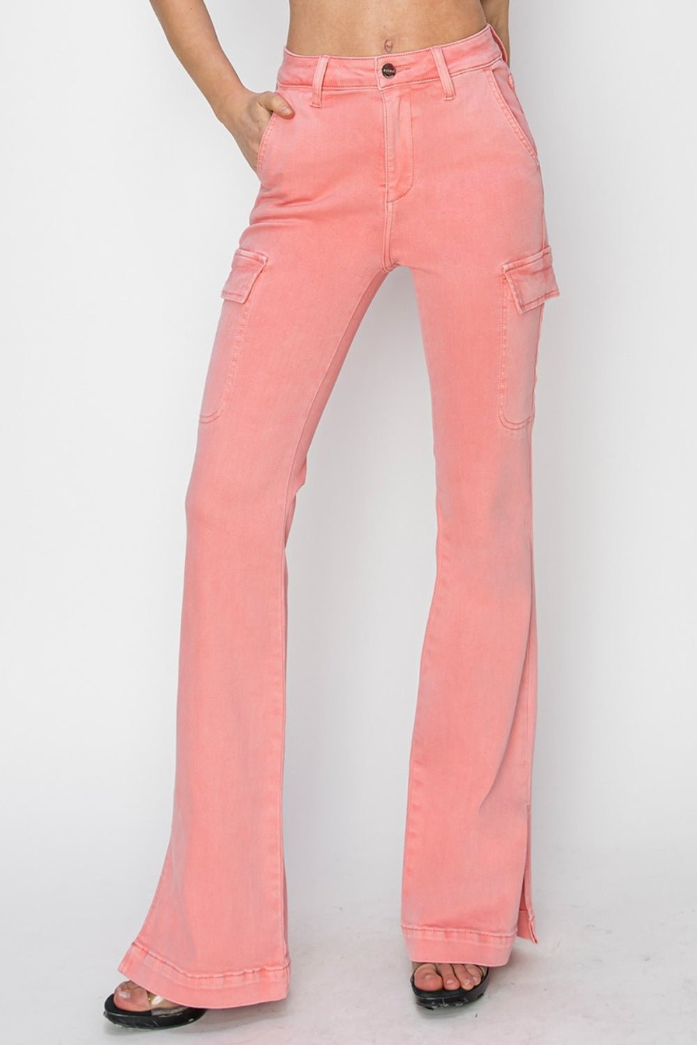 RISENHigh Rise Side Slit Cargo Bootcut Jeans in Flamingo