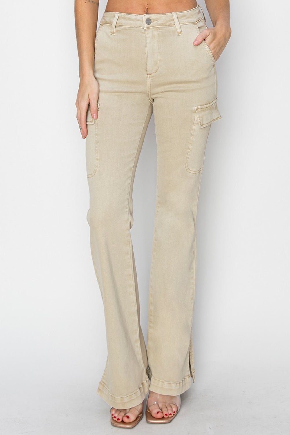 RISENHigh Rise Side Slit Cargo Bootcut Jeans in Stone