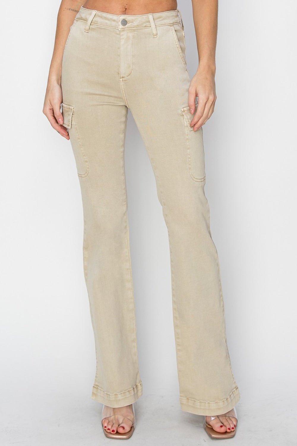 RISENHigh Rise Side Slit Cargo Bootcut Jeans in Stone