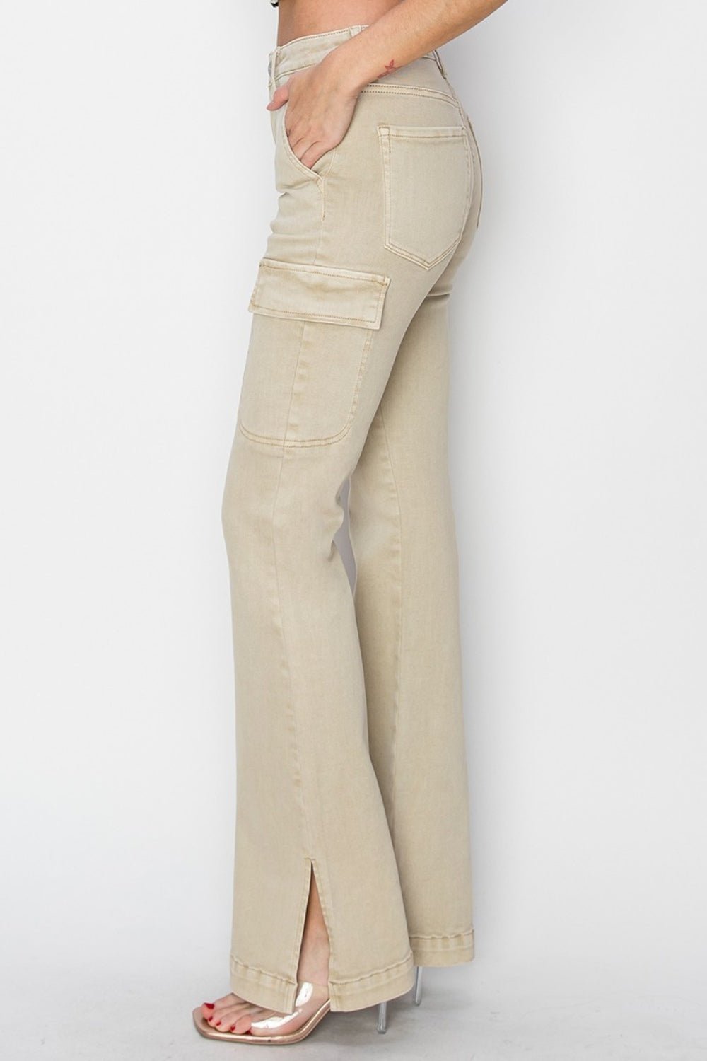 RISENHigh Rise Side Slit Cargo Bootcut Jeans in Stone