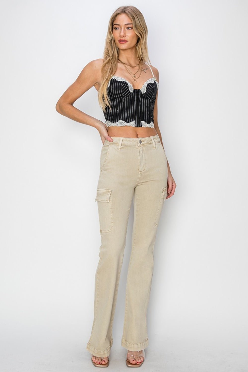 RISENHigh Rise Side Slit Cargo Bootcut Jeans in Stone