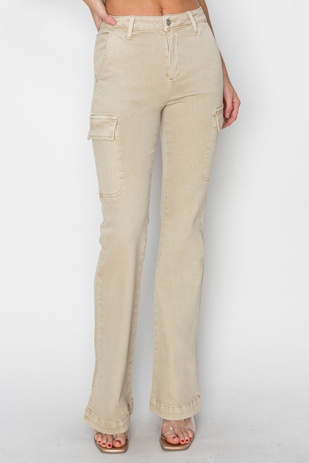 RISENHigh Rise Side Slit Cargo Bootcut Jeans in Stone