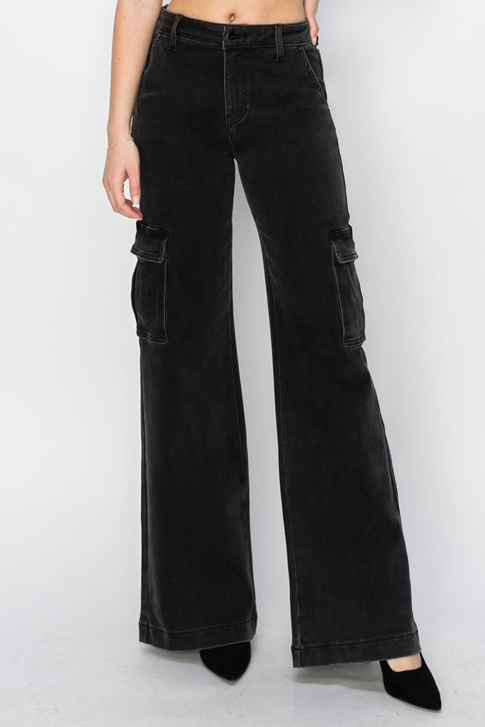 RISENHigh Rise Wide Leg Cargo Jeans in Black