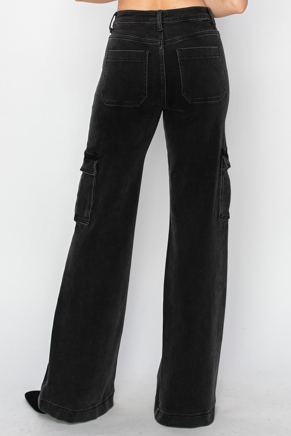 RISENHigh Rise Wide Leg Cargo Jeans in Black