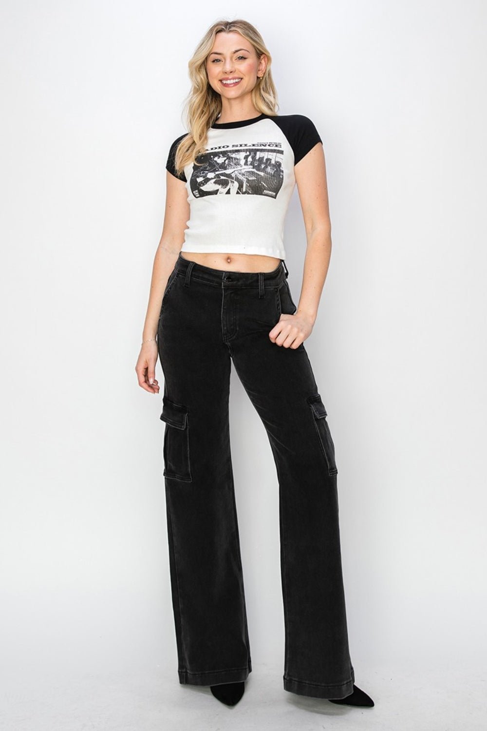 RISENHigh Rise Wide Leg Cargo Jeans in Black