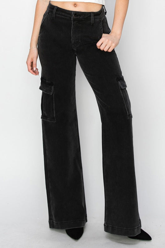 RISENHigh Rise Wide Leg Cargo Jeans in Black