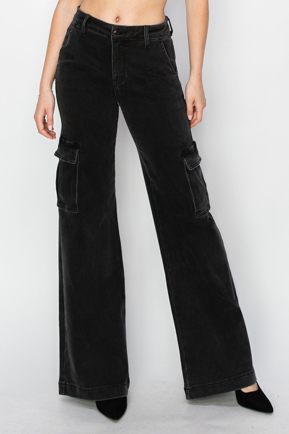 RISENHigh Rise Wide Leg Cargo Jeans in Black