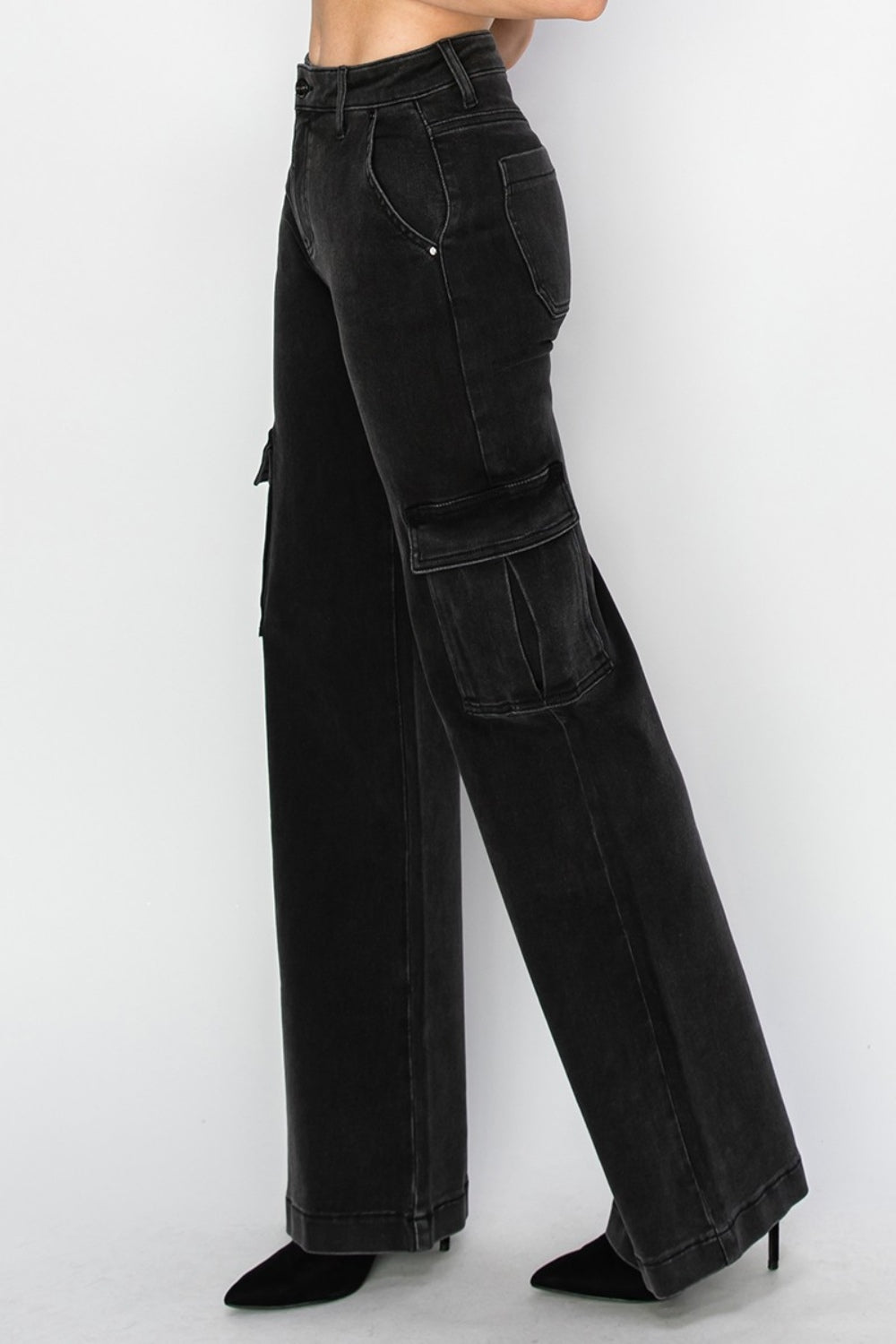 RISENHigh Rise Wide Leg Cargo Jeans in Black