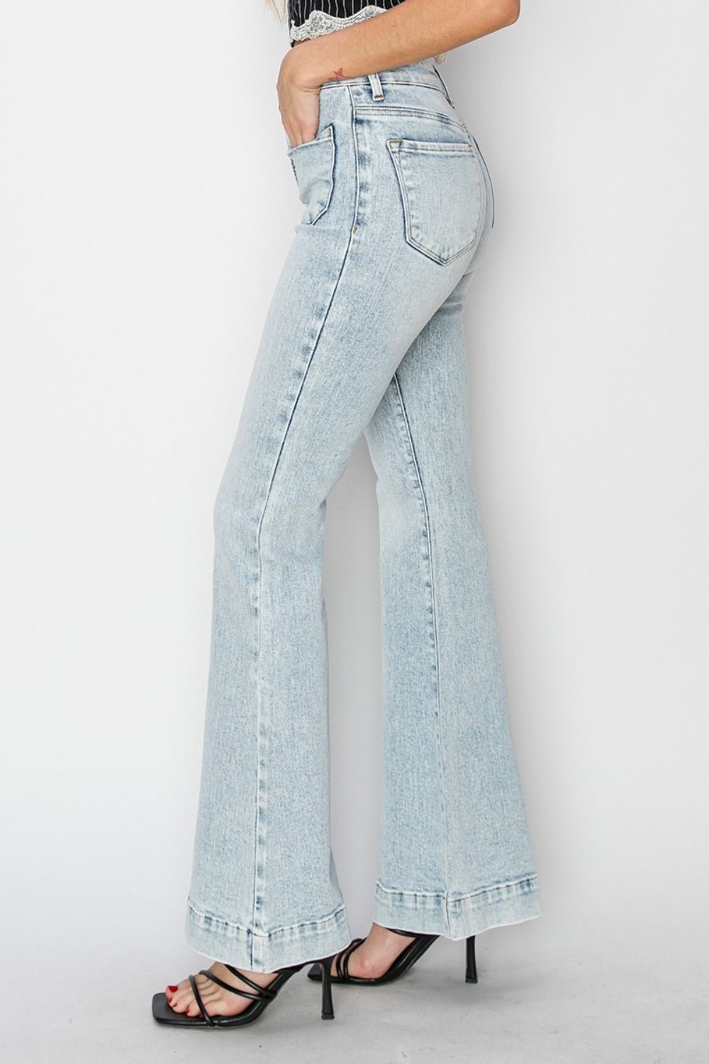 RISENLight Acid Wash High Rise Front Patch Pocket Flare Jeans