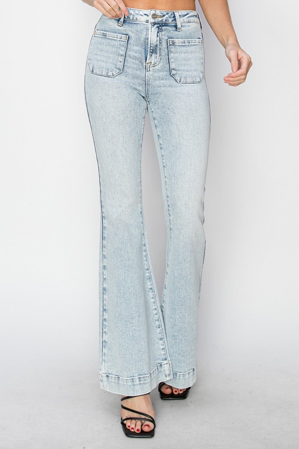 RISENLight Acid Wash High Rise Front Patch Pocket Flare Jeans