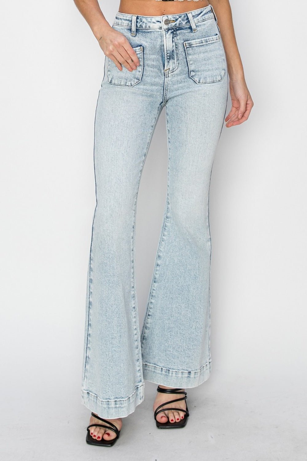 RISENLight Acid Wash High Rise Front Patch Pocket Flare Jeans