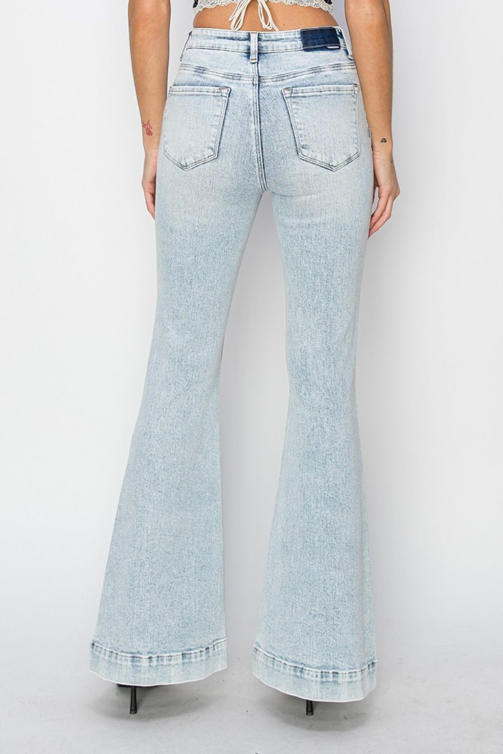 RISENLight Acid Wash High Rise Front Patch Pocket Flare Jeans